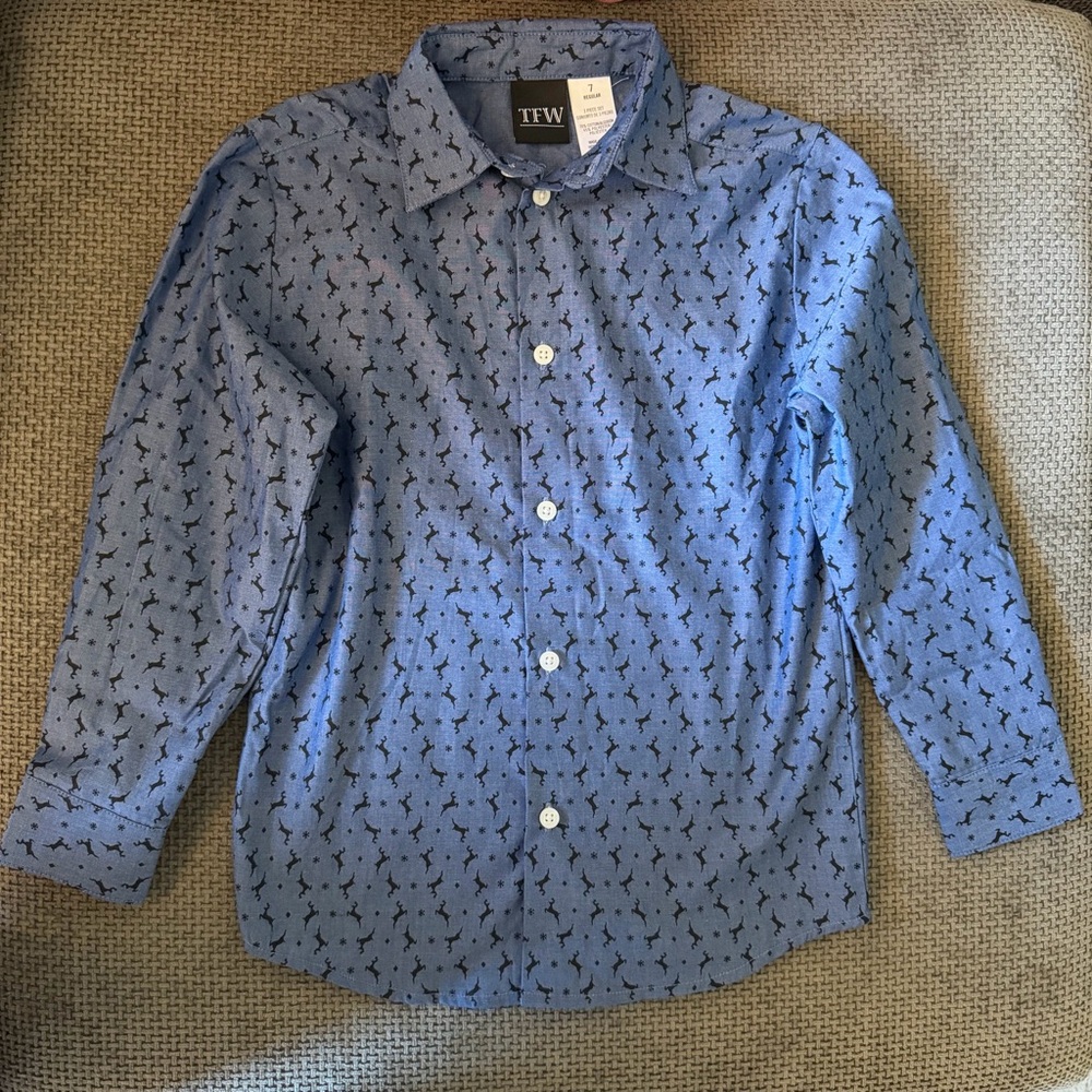 Boys Reindeer Print Shirt Button Down 7 TFW Christmas Long Sleeve Holiday Shirt